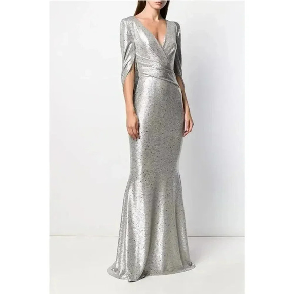 $1925 Talbot Runhof Rosin Gown Metallic Gray Wrap Front Back Zipper Dres… - Picture 3 of 13